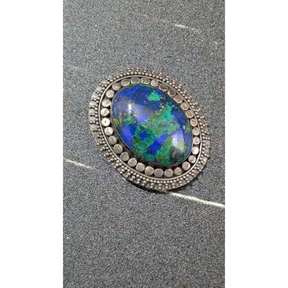 Vintage Azurite Malachite Sterling Silver Oval Brooch 925 Jewelry - Picture 5 of 7